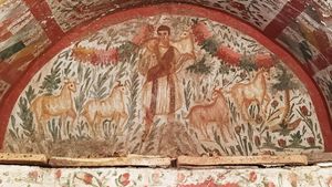 Frescă reprezentându-l pe Iisus, „Păstorul cel bun”, descoperită în Turcia / Iisus e reprezentat fără barbă, îmbrăcat cu tunică romană