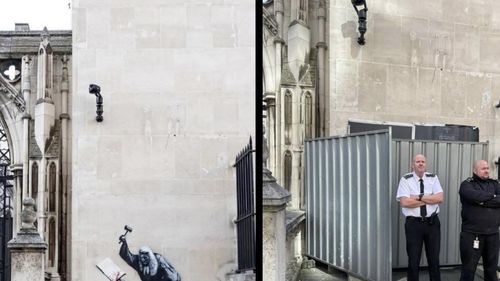 Angajaţii de la Curtea Regală de Justiţie au acoperit muralul lui Banksy în care un judecător bate un protestatar cu ciocanul / Poliția a reținut în weekend aproape 900 de persoane din cauza susținerii grupului Palestine Action