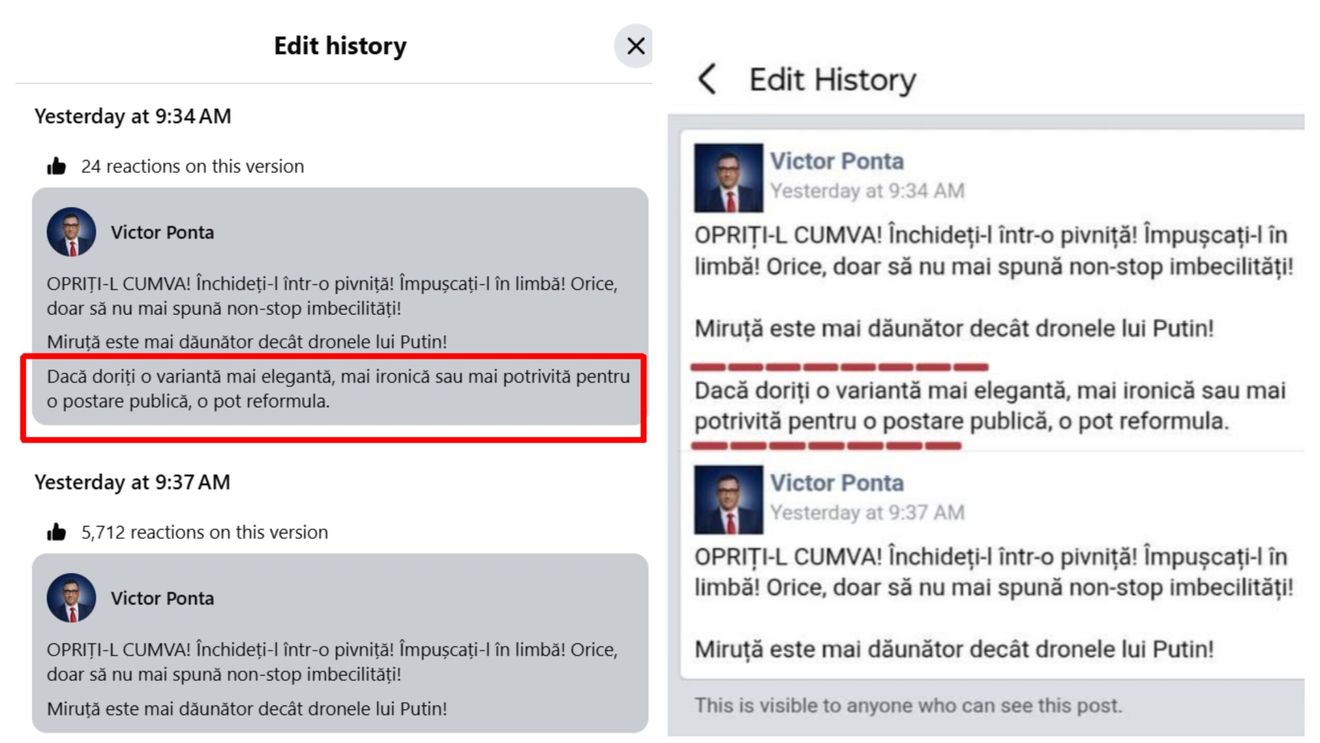 Victor Ponta îl înjură pe Facebook pe Radu Miruță cu ajutorul Inteligenței Artificiale / L-a dat de gol istoricul editărilor și și-a dat seama de gafă după trei minute