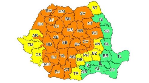 Cod Portocaliu de furtuna în zonele de munte din Maramureş, Transilvania, Oltenia, nord-vestul Munteniei şi local în Moldova