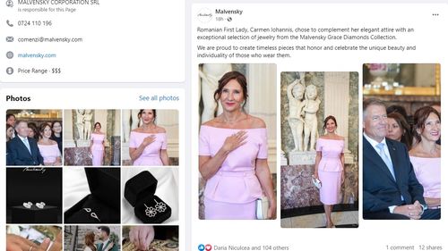 Imaginea lui Carmen Iohannis, folosită pentru promovarea unui magazin de bijuterii. Prima doamnă apare cu un inel și un colier cu diamante purtate la o ceremonie din Germania