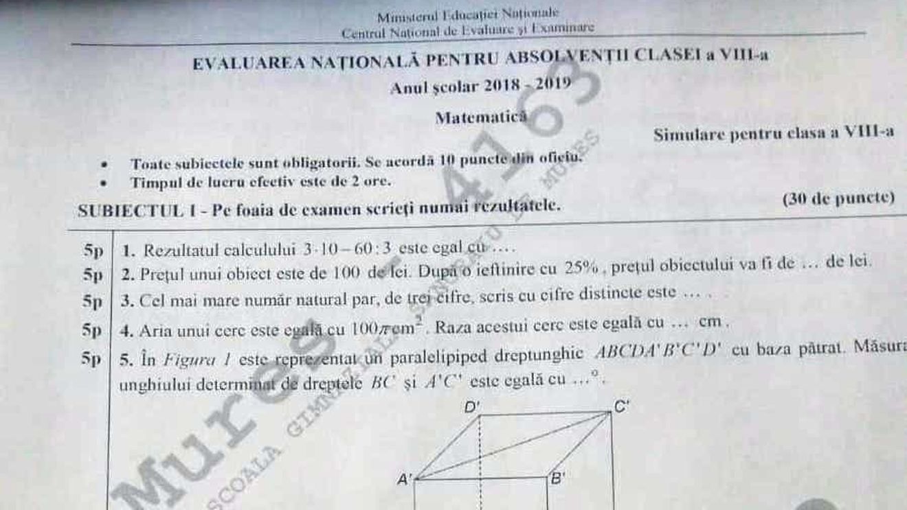 Subiecte simulare Matematică clasa a VIII-a: Vezi ce exerciții au avut de rezolvat elevii la simularea evaluării naționale