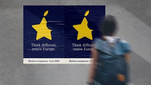 Partidul lui Macron stârnește un val de critici după ce a prezentat un afiș inspirat din logo-ul Apple, cu sloganul „Think different”, pentru alegerile europarlamentare din iunie