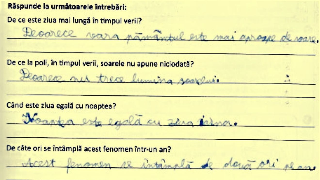 Elev: “Ziua este mai lungă în timpul verii deoarece Pământul este mai aproape de Soare”. Erorile ştiinţifice din manualele de Ştiinţele Naturii de clasa a IV-a sunt predate la clasă de profesori, confirmă un studiu publicat în Revista de Pedagogie