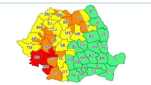 Cod roșu de averse torențiale în județele Mehedinți, Caraș-Severin și zona de munte a județelor Gorj și Hunedoar