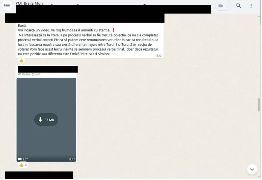 FOTO: Screenshot conversație instructaj delegați în secții de votare ai partidului POT / Vot alegeri prezidențiale în turul doi