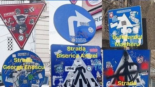 Semnele de circulație din centrul Capitalei vandalizate cu stickere de propagandă neolegionară și de extremă dreapta, înlocuite cu totul. Nicușor Dan vorbește despre zeci de panouri rutiere