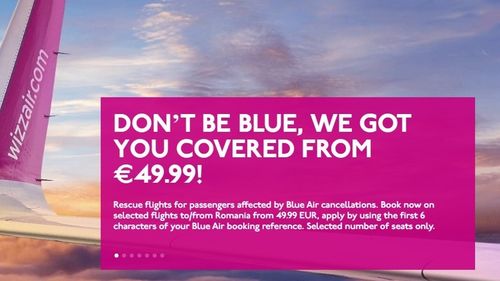 Cum îi ironizează Wizz Air pe Blue Air, după ce compania suspendat toate zborurile: „Don’t be blue, we got you covered”, prin care anunță oferte de zboruri de la 49,99 euro
