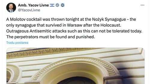 Consternare în Polonia după ce un cocktail Molotov a fost aruncat asupra unei sinagogi din Varșovia