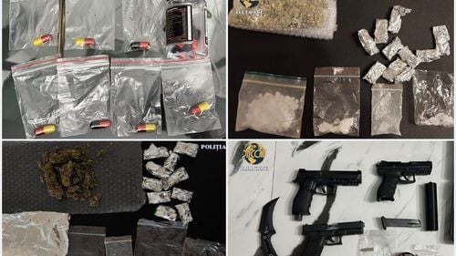 Droguri de risc şi mare risc, dar și arme, cartușe și cuțite de tip militar, descoperite în urma perchezițiilor efectuate în județul Bihor / Cinci tineri au fost reținuți