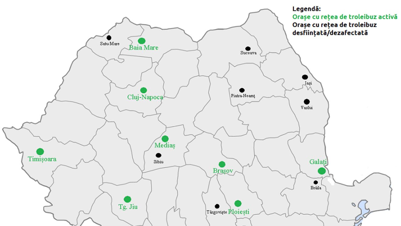 Harta orașelor din România în care mai circulă troleibuze, mijloace de transport sută la sută electrice / La Piatra Neamț, acestea vor fi înlocuite cu autobuze
