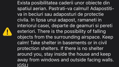 90 de minute de alertă, în nordul județului Tulcea, în noaptea de marți spre miercuri / Mesajul RO-Alert a vizat posibila cădere de obiecte din spaţiul aerian