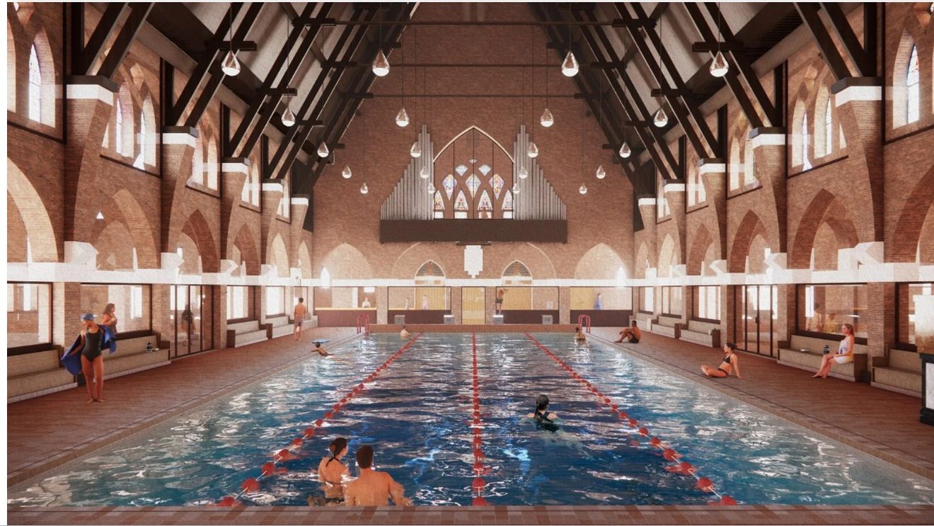Arhitecții din Olanda proiectează o biserică transformată în piscină, unde poți merge pe apă