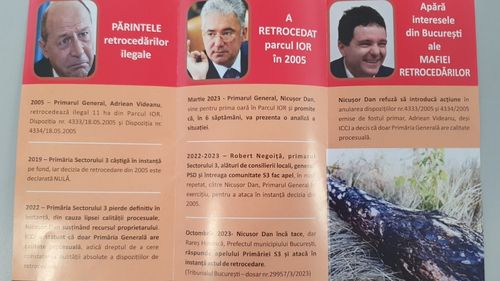 FOTO Campanie a organizației PSD Sector 3 împotriva lui Nicușor Dan pe tema retrocedării unei părți din Parcul IOR / Organizația distribuie pliante în care cheamă lumea la un miting în fața Primăriei Capitalei