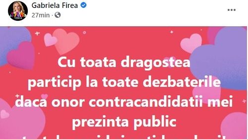 Gabriela Firea anunță că participă la dezbaterea cu Nicușor Dan dacă acesta își face testul antidrog și COVID-19, pentru a dovedi că e lucid și sănătos