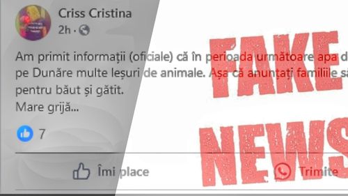 Un fake news circulă pe rețelele de socializare după recentele inundații de la Galați: „Am primit informații (oficiale) că în perioada următoare apa de la robinet nu e prea bună de consum, vin pe Dunăre multe leșuri de animale”. Reacția autorităților