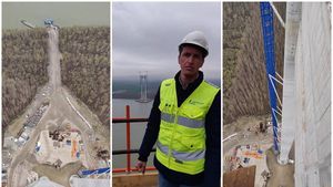 VIDEO CNAIR Imagini din turnul podului suspendat de la Brăila, surprinse de la înălțimea de aproape 190 de metri. Plasarea cablurilor va începe în iunie