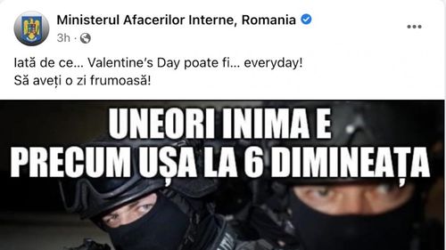 Ministerul de Interne, mesaj de Valentine`s Day: ”Uneori inima e precum ușa la 6 dimineața. Nu știe ce a lovit-o!”