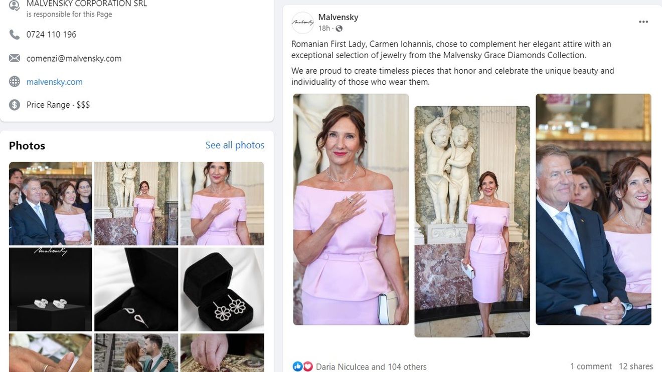 Imaginea lui Carmen Iohannis, folosită pentru promovarea unui magazin de bijuterii. Prima doamnă apare cu un inel și un colier cu diamante purtate la o ceremonie din Germania