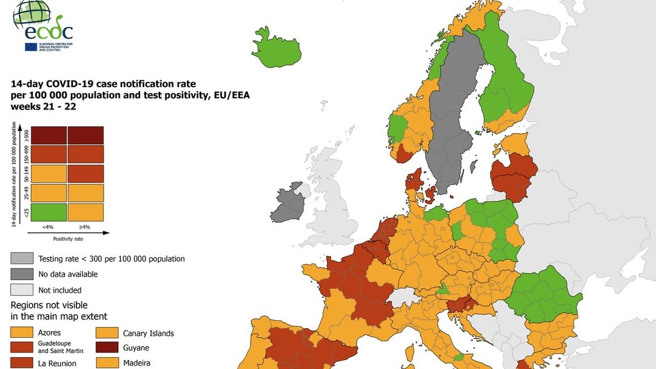 România, pentru prima dată colorată în verde pe harta epidemiologică a Europei / ECDC atrage atenția asupra riscurilor legate de EURO 2020 în contextul pandemiei / Recomandări pentru accesul pe stadioane