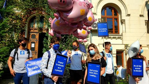VIDEO Protest cu porci “zburători” la Ministerul Educației, față de lipsa tabletelor promise în școli: Toate măsurile au avut un puternic iz electoral / E o pasare a responsabilității de la o instituție la alta