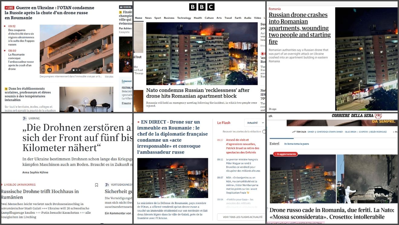 Marile publicații europene, deschidere și live-uri cu drona explodată în Galați, inclusiv BBC,  / Incidentul grav din România e subiectul principal vineri dimineață în BBC, The Guardian, Le Figaro, Le Monde, Repubblica, La Stampa, Rai News, Corriere della Sera, ANSA
