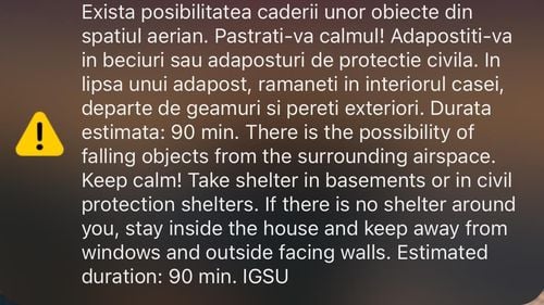 Mesaj RO-Alert transmis în zona de nord-est a județului Tulcea / „Există posibilitatea căderii unor obiecte pe teritoriului național, în zona de graniță a României cu Ucraina”