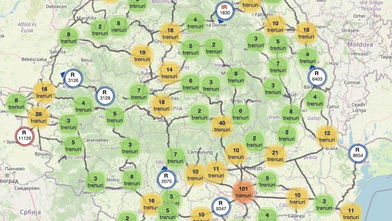 Harta trenurilor: Poate fi urmărită în timp real poziţia trenurilor aflate în circulaţie / Garniturile sunt indicate pe o hartă care include și date privind eventuale întârzieri faţă de graficul programat