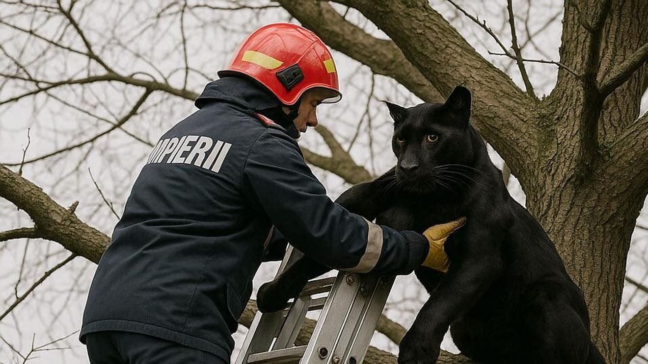 Pompierii, glume pe Facebook despre cum au salvat pantera neagră / Imagine generată cu AI, rostogolită pe rețele în timp ce MAI încearcă să combată fake-news-urile din online / Mențiunea ”pamflet”, la finalul postării 