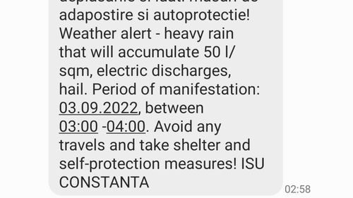 Mesaj RO-Alert primit de constănțeni la 3 dimineața/ Avertisment de ploi torențiale și grindină