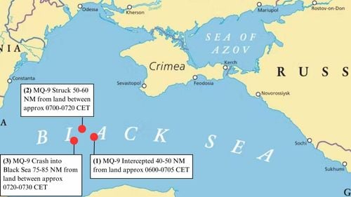 SUA publică o hartă cu locația aproximativă a dronei MQ-9 Reaper doborâte de un avion rusesc în Marea Neagră