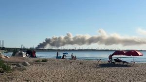 Mesaj RO Alert pentru degajări de fum trimis locuitorilor din Agigea, după un incendiu de gunoi și fier vechi în Portul Constanța / Norul de fum, observat de pe plaja din Eforie Nord