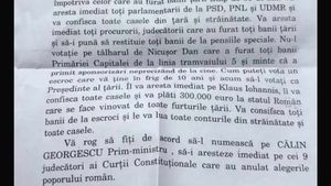 Biroul Electoral Județean Sibiu a sesizat poliția pe tema unor scrisori lăsate în cutiile poștale: „Îl va aresta imediat pe Klaus Johannis, îi va confisca toate casele și va plăti 300.000 euro” / AUR Sibiu se delimitează de acest caz