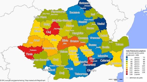 HARTA puterii de cumpărare: Botoșani, Vaslui, Călărași și Giurgiu sunt codașe, conduc București, Cluj și Timiș