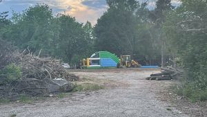 VIDEO Imagini cu zona defrișată din Parcul Titan din București: în locul copacilor tăiați a apărut un tobogan gonflabil pentru copii