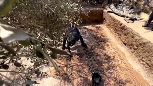 VIDEO Mozaic bizantin ornamentat ce datează din secolele V-VII d.Hr, descoperit de un fermier palestinian în timp ce încercat să planteze copaci pe terenul său