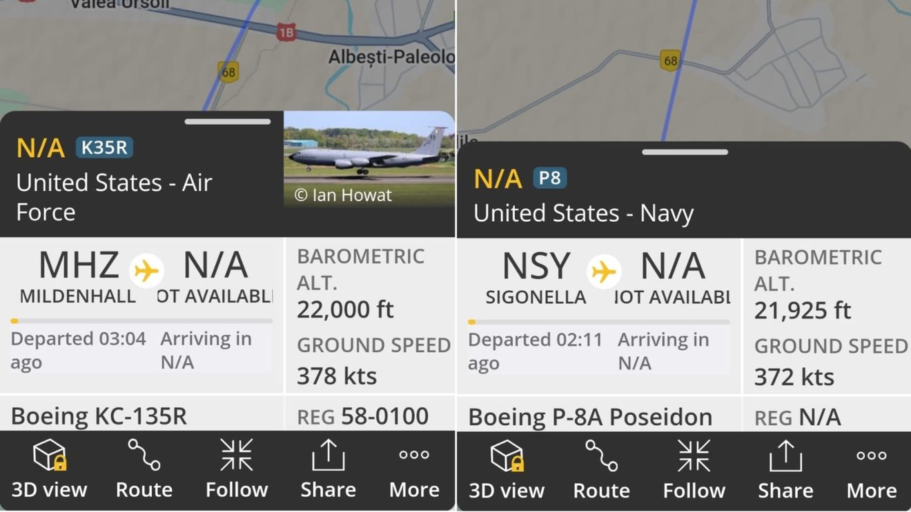Avion militar, alimentat în aer deasupra Prahovei / Un Boeing P-8 Poseidon de recunoaștere a fost alimentat de un Boeing KC-135R Stratotanker