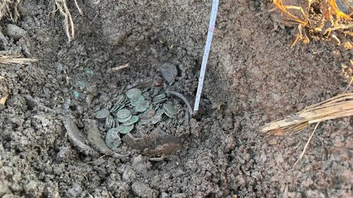 Tezaur cu 800 de monede romane, descoperit de doi detectorişti pe un teren agricol din Alba