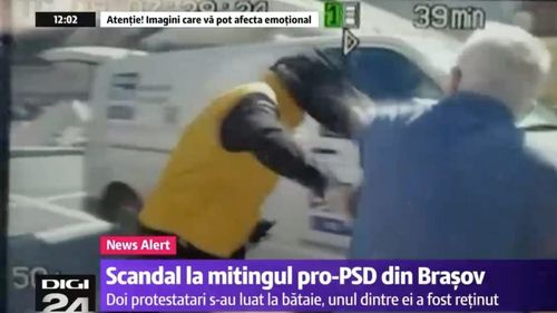 VIDEO Bătaie la mitingul PSD de la Brașov: Un susținător social-democrat l-a luat la pumni pe un bărbat care a strigat lozinci anti-PSD