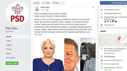 PSD Sibiu, postare xenofobă: ”Nume românesc versus nume de străin. Vasile versus Iohannis, Orban și Barna”