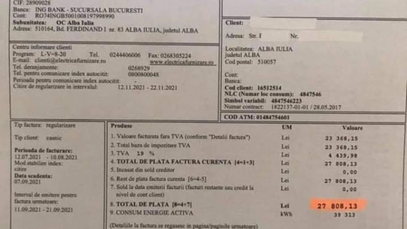 O familie din Alba a avut surpriza să se trezească cu o factură la energie electrică în valoare de peste 27.000 de lei