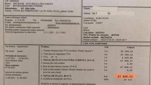 O familie din Alba a avut surpriza să se trezească cu o factură la energie electrică în valoare de peste 27.000 de lei