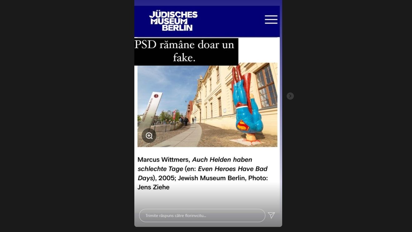 Statuia lui Superman căzut în cap, adusă de PSD în Parlament la votul moțiunii de cenzură, inspirată dintr-o operă creată în 2005, expusă la Muzeul Evreiesc Berlin / Cîțu: „PSD rămâne doar un fake”