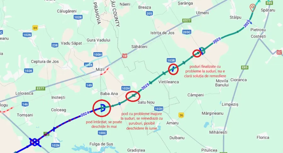 Autostrada A7 Ploiești-Buzău, constructori Coni și Trace, hartă, lucrări blocate