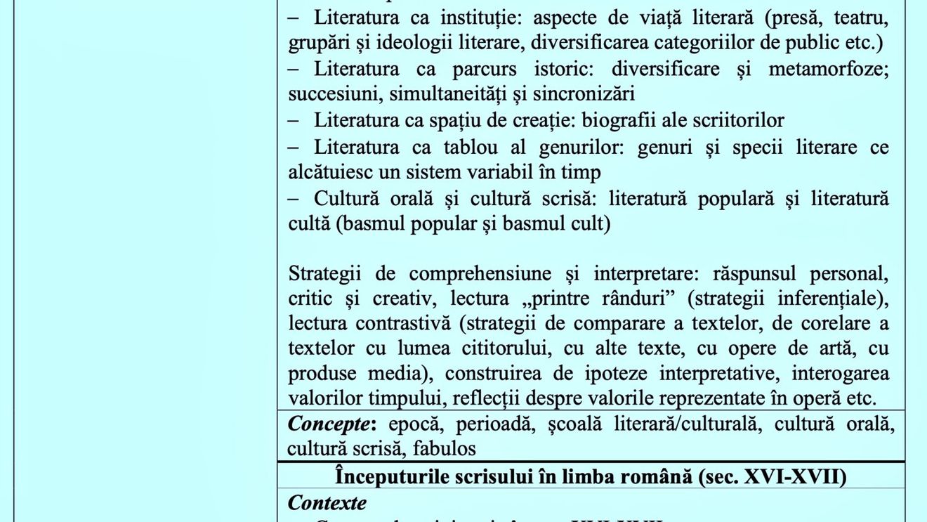 ULTIMA ORĂ Noul proiect de programă de Limba și literatura română pentru clasa a IX-a, publicat de Ministerul Educației / Se păstrează organizarea diacronică a conținuturilor și au fost introduși mai mulți autori recomandați, între care Grigore Ureche și Miron Costin