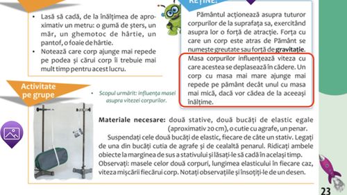 Greșeală într-un manual de Științele naturii pentru clasa a III-a: Masa corpurilor influențează viteza cu care acestea cad, fără referire la vid