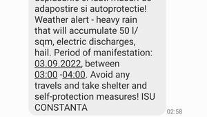Mesaj RO-Alert primit de constănțeni la 3 dimineața/ Avertisment de ploi torențiale și grindină