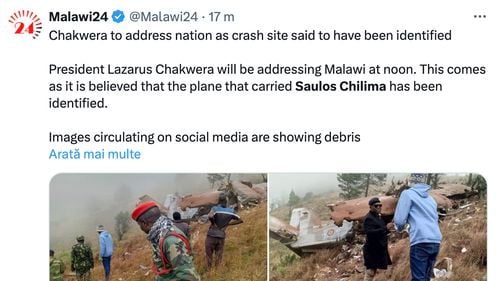 Echipele de salvare au găsit epava avionului vicepreședintelui Malawi, nu există niciun supraviețuitor