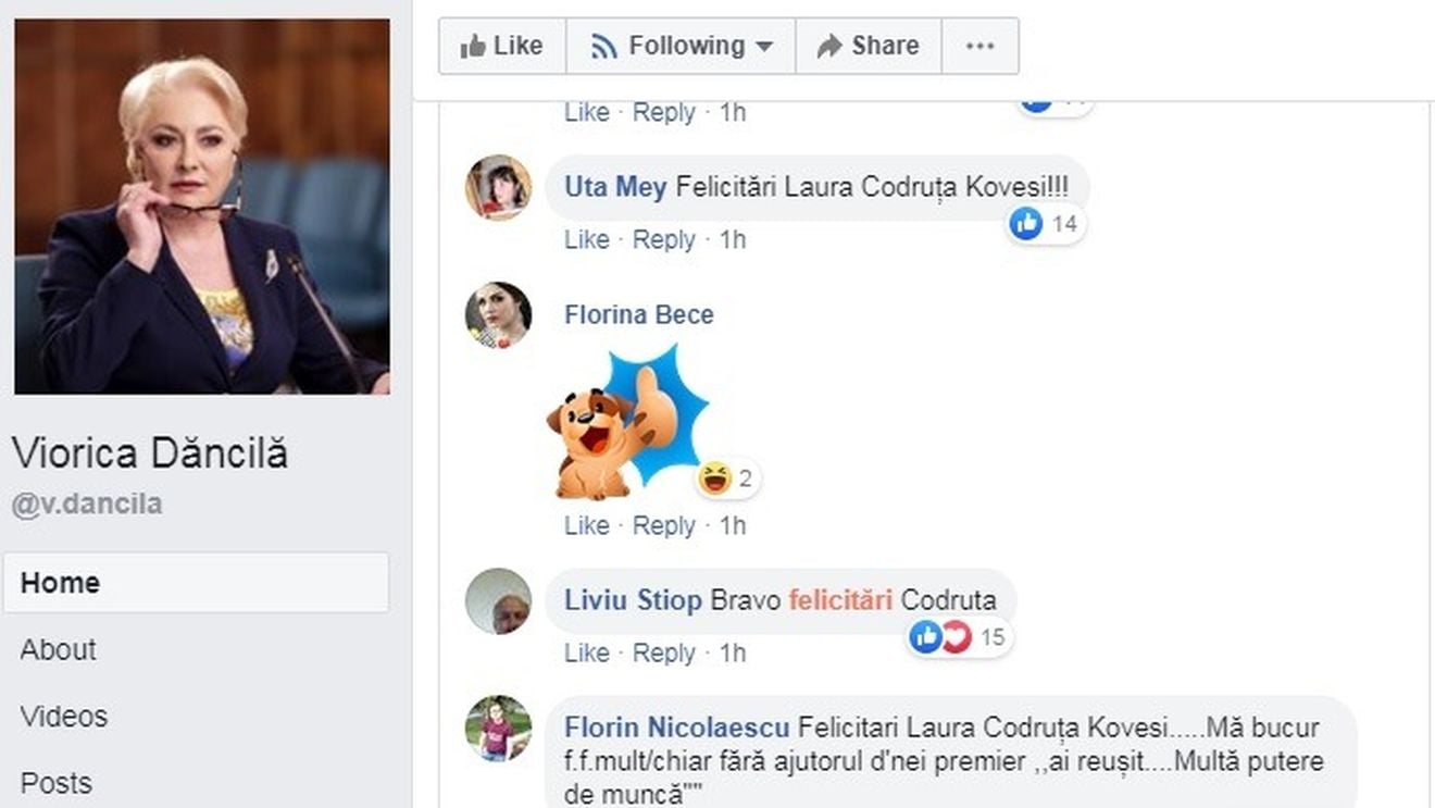 Festival pe pagina de Facebook a Vioricăi Dăncilă: Majoritatea comentatorilor o felicită pe Kovesi