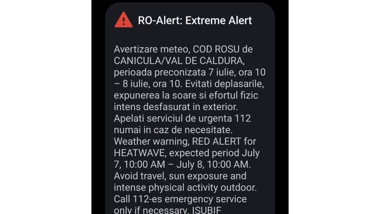 Mesaj Ro-Alert în București: Cod roșu de caniculă / ”Evitați deplasările, expunerea la soare și efortul fizic intens” / Maxime de până la 41 de grade Celsius